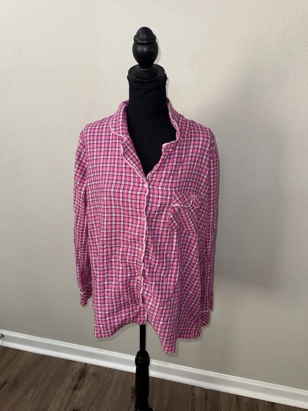 Victorias Secret Pajama Top Medium Pink Plaid Flannel Lurex Shimmer Long Sleeve